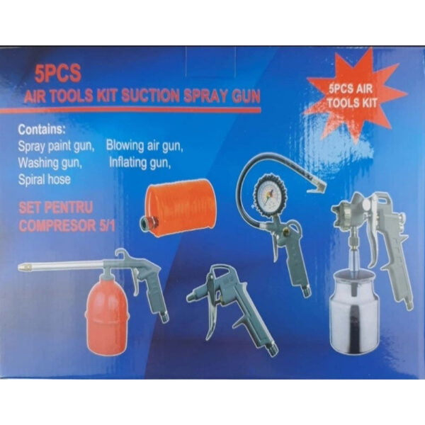 Set pistoale aer:curatare cu lichide, suflare aer, umflator cu manometru, pistol vopsit, furtun 5 m.