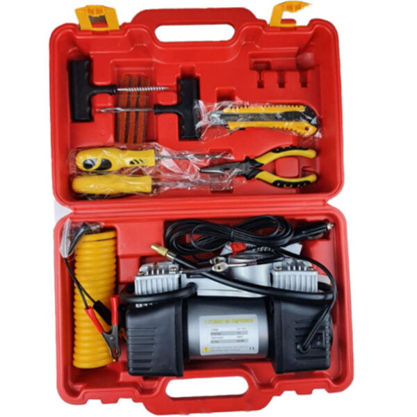 Trusa compresor 2 cilindri 12-13,5V,265w 15A, 65L/min cu 7 accesorii, furtun, cleste si priza bricheta auto