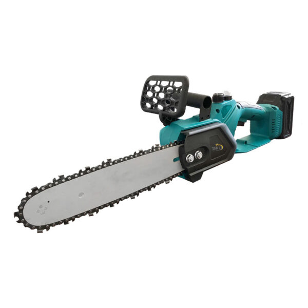 Drujba electrica, motor fara perie, pornire lenta, 12 inch, Verde, 1 lama 1 lant, cu 2 acumulatori si ungere cu ulei, 88V, 1500mAh, 1800W