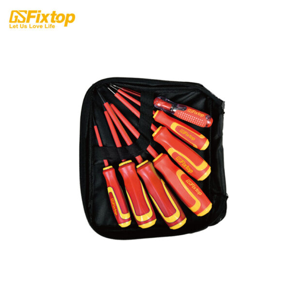 Set șurubelnițe electrician izolate, 3×75mm SL3, 3×75mm PH0, 5×100mm SL5, 5×100mm PH1, 6×125mm SL6, 6×125mm PH2, + probă de tensiune 140mm, Fixtop